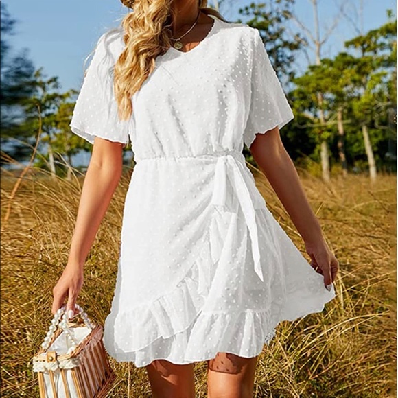 Women's Summer Jacquard Pom Crewneck RuffleMini Dress Elegant Tie Waist Short - Picture 4 of 6